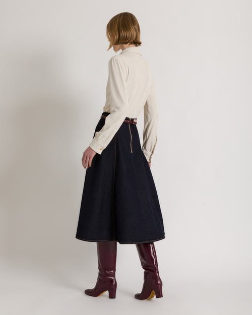 Flared denim midi skirt with AF logo Blue Alberta Ferretti Boutique Online 1