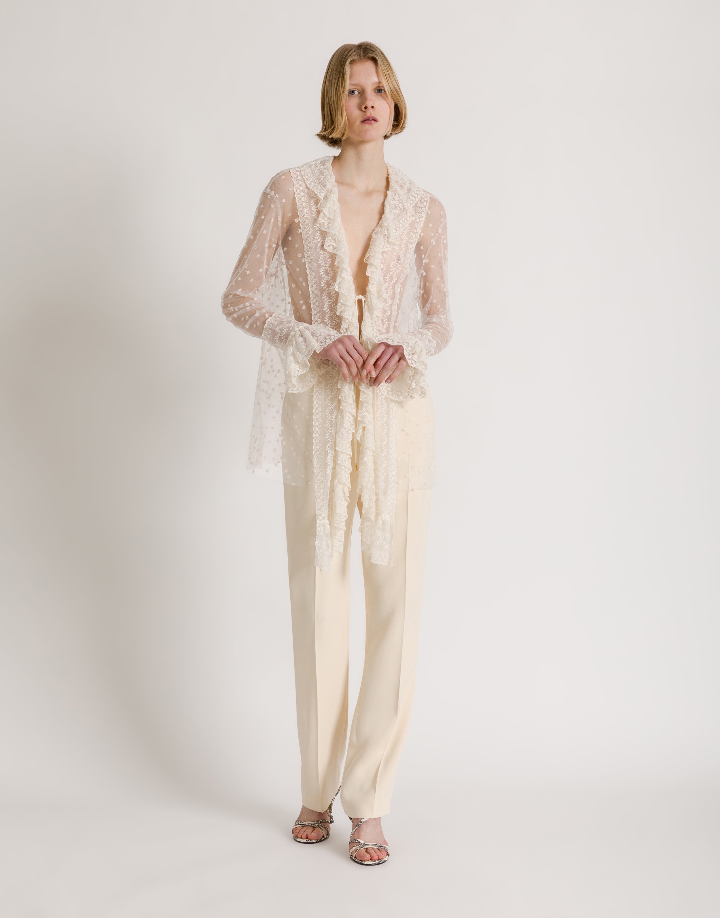 Dotted tulle shirt with lace ruffles | Alberta Ferretti