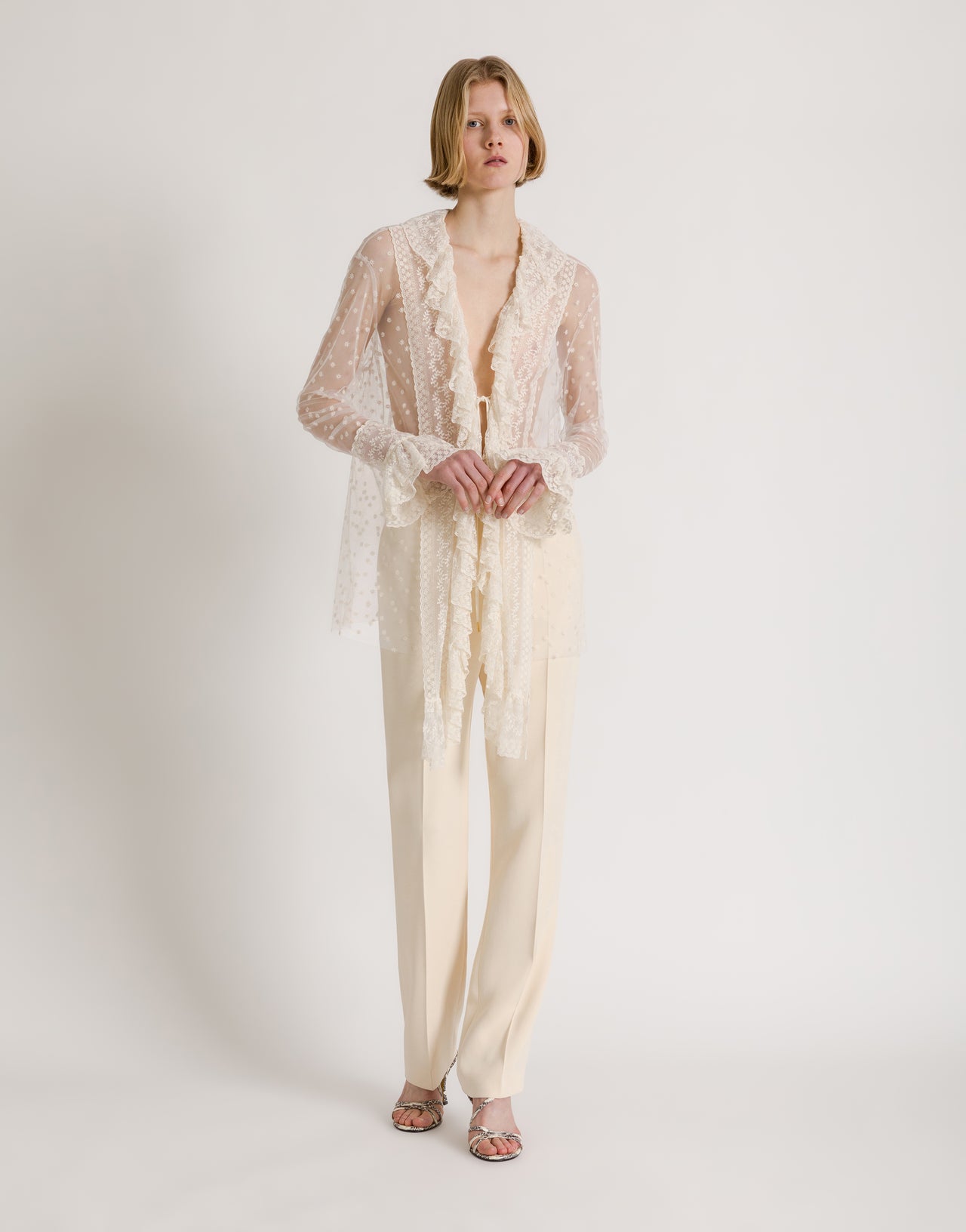 Camicia in tulle a pois con rouches Avorio Alberta Ferretti Boutique Online 2