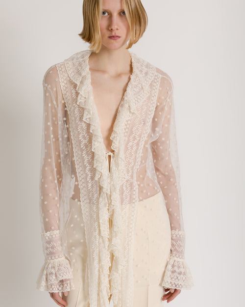 Camicia in tulle a pois con rouches  Avorio Alberta Ferretti Boutique Online 0