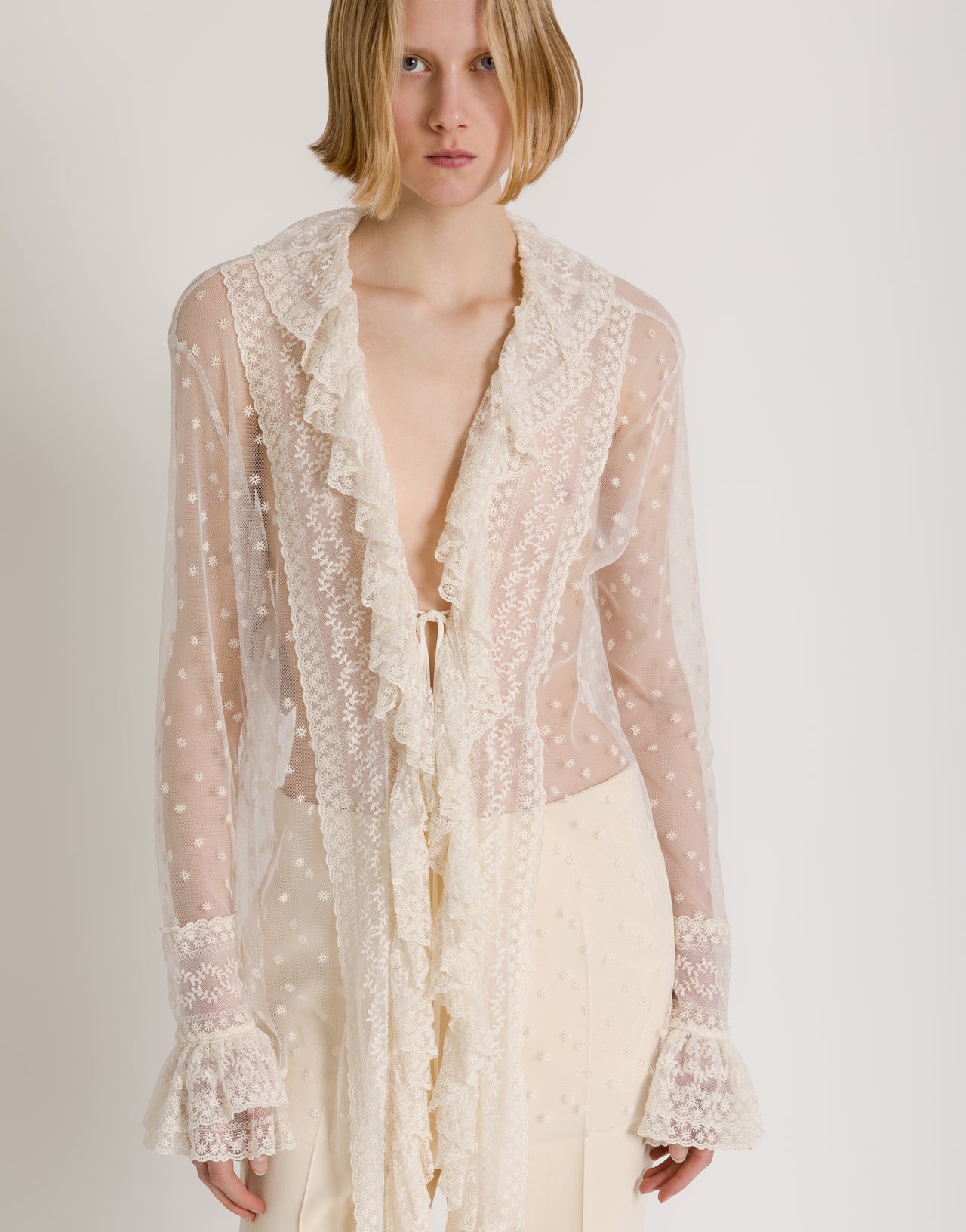 Camicia in tulle a pois con rouches Avorio Alberta Ferretti Boutique Online 1