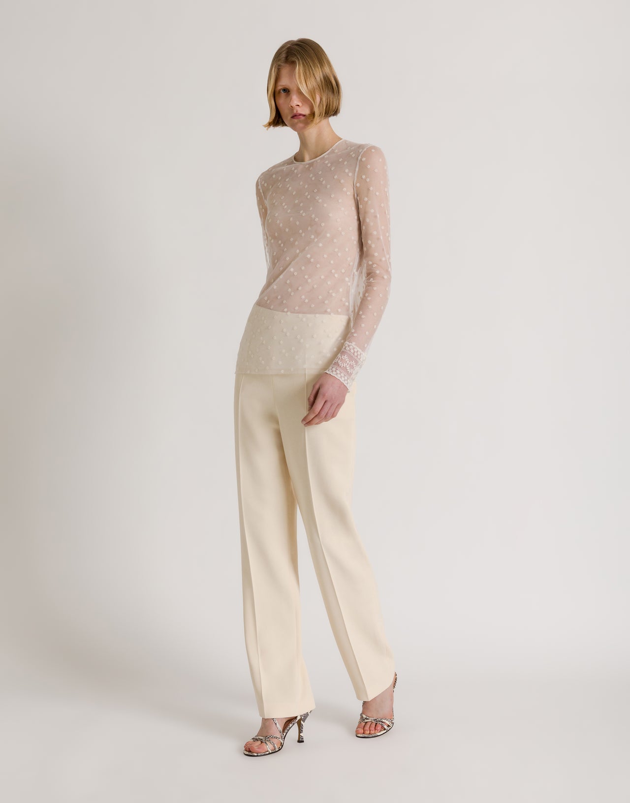 Dotted tulle top with lace-trimmed cuffs White Alberta Ferretti Boutique Online 2