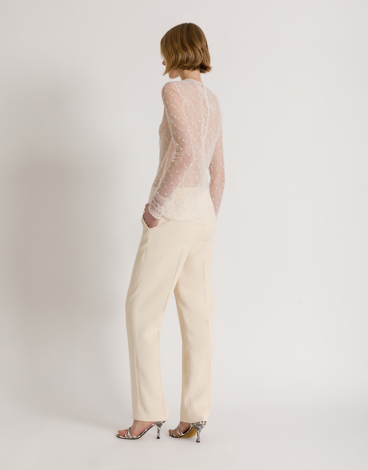 Dotted tulle top with lace-trimmed cuffs White Alberta Ferretti Boutique Online 3