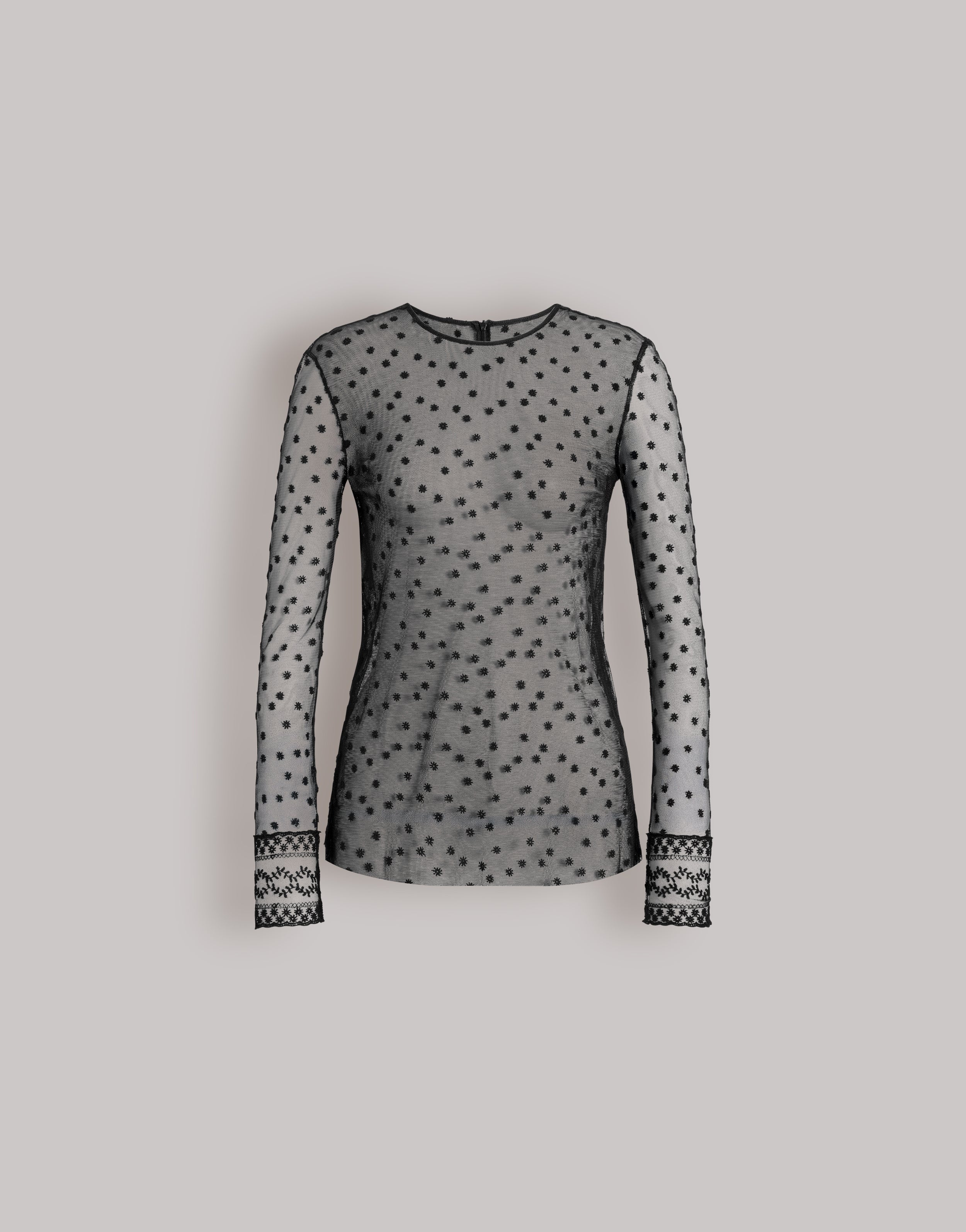 Dotted tulle top with lace-trimmed cuffs | Alberta Ferretti