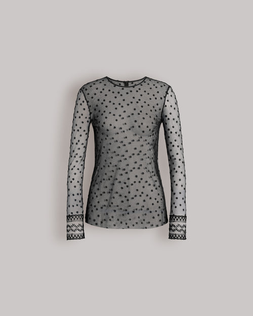 Dotted tulle top with lace-trimmed cuffs