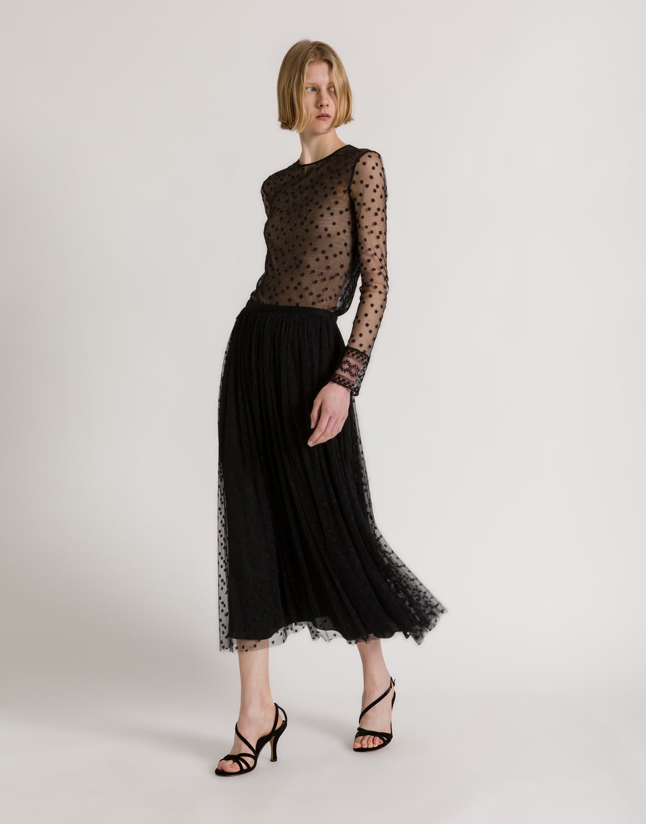Tüll-Top mit Punktemuster und Spitzenmanschetten Schwarz Alberta Ferretti Boutique Online 2