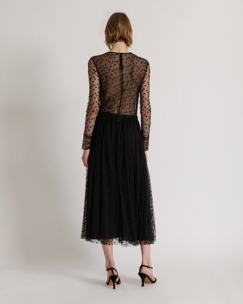 Dotted tulle top with lace-trimmed cuffs