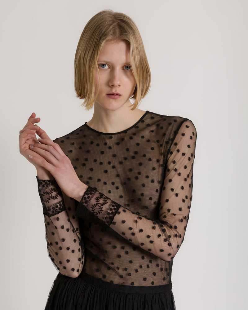 Top en tulle à pois avec poignets en dentelle Noir Alberta Ferretti Boutique Online 0