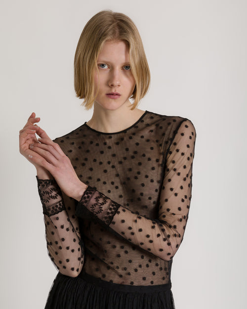 Dotted tulle top with lace-trimmed cuffs Black Alberta Ferretti Boutique Online 0