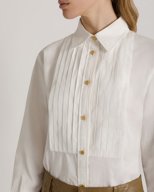 Oversized cotton tuxedo-style shirt with gold buttons