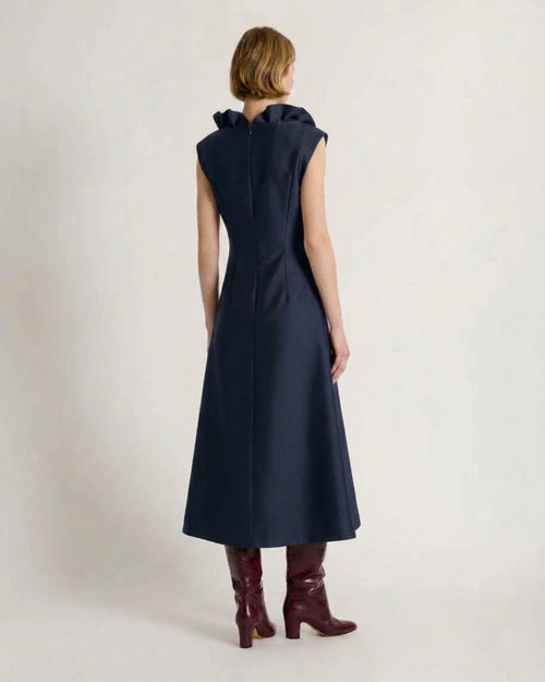 Wool and Silk Midi Dress with Ruffled Neckline