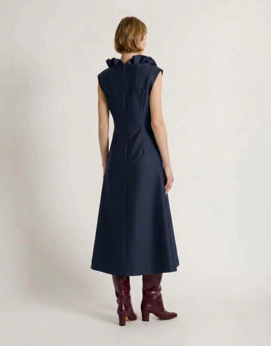 Abito Midi con Scollo a Volant in Lana e Seta Blu Alberta Ferretti Boutique Online 3