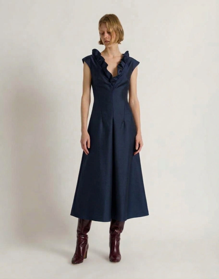 Abito Midi con Scollo a Volant in Lana e Seta Blu Alberta Ferretti Boutique Online 2
