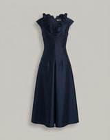 Vestido Midi en Lana y Seda con Escote de Volantes