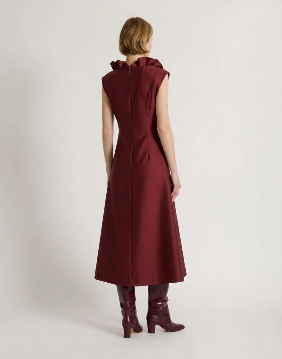 Abito Midi con Scollo a Volant in Lana e Seta Rosso Alberta Ferretti Boutique Online 3