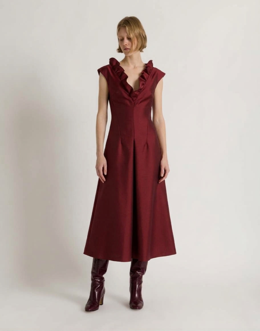 Abito Midi con Scollo a Volant in Lana e Seta Rosso Alberta Ferretti Boutique Online 2