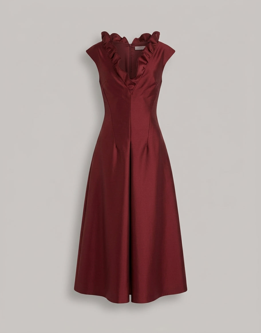 Abito Midi con Scollo a Volant in Lana e Seta Rosso Alberta Ferretti Boutique Online 1