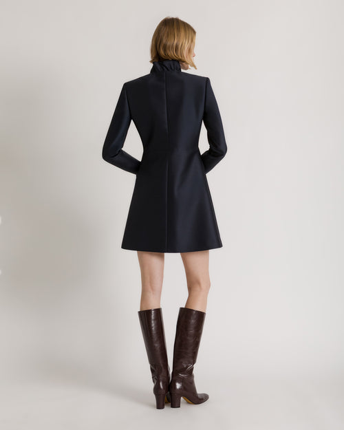 Short wool and silk dress with ruffled details Blue Alberta Ferretti Boutique Online 1