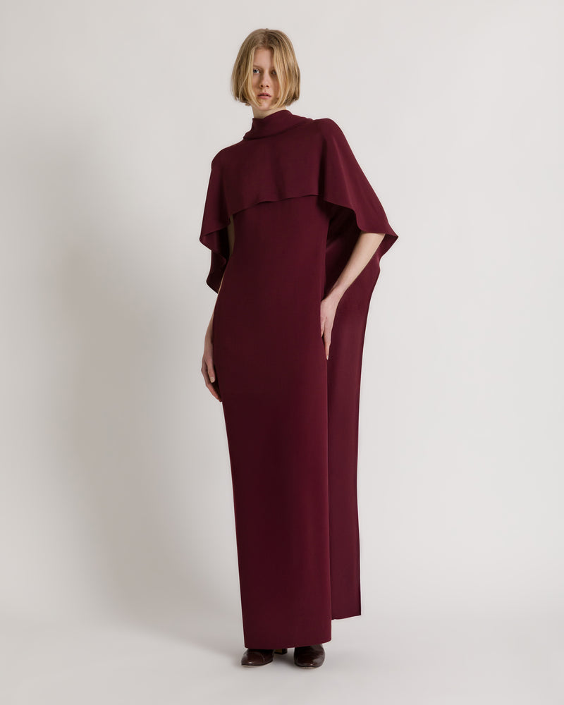 Robe longue avec cape intégrée et nœud au dos Bordeaux Alberta Ferretti Boutique Online 1