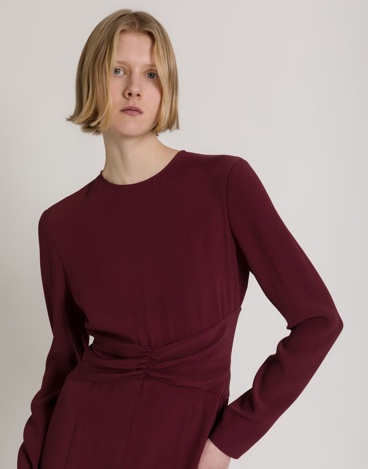 Long-sleeved midi dress with gathered waist Bordeaux Alberta Ferretti Boutique Online 4