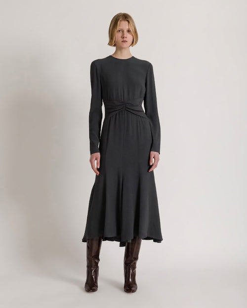Long-sleeved midi dress with gathered waist Grey Alberta Ferretti Boutique Online 1