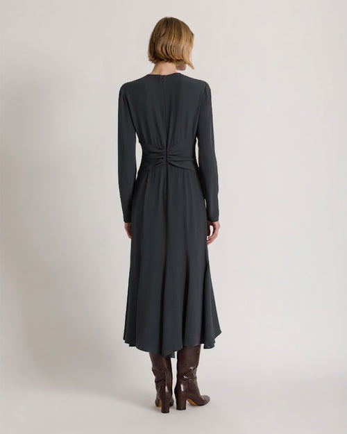Long-sleeved midi dress with gathered waist