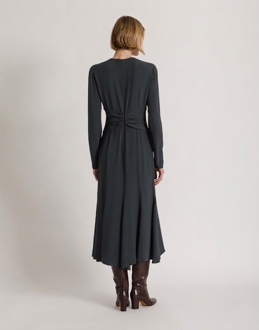 Robe midi à manches longues avec fronces à la taille Gris Alberta Ferretti Boutique Online 3