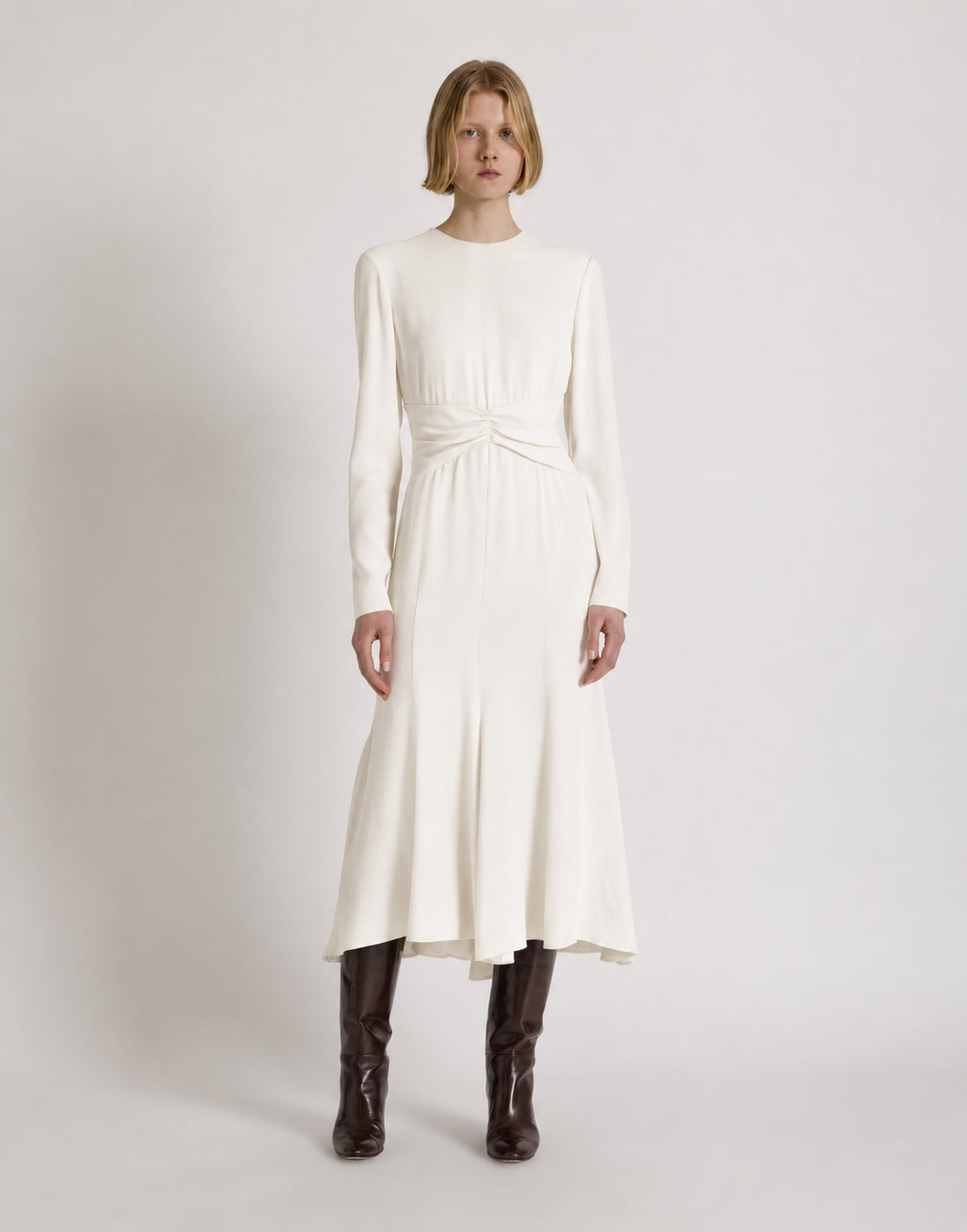 Midi‑Kleid mit langen Ärmeln und geraffter Taille Weiß Alberta Ferretti Boutique Online 1