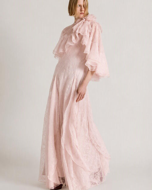 Floral organza silk chiffon long dress with removable cape Pink Alberta Ferretti Boutique Online 0