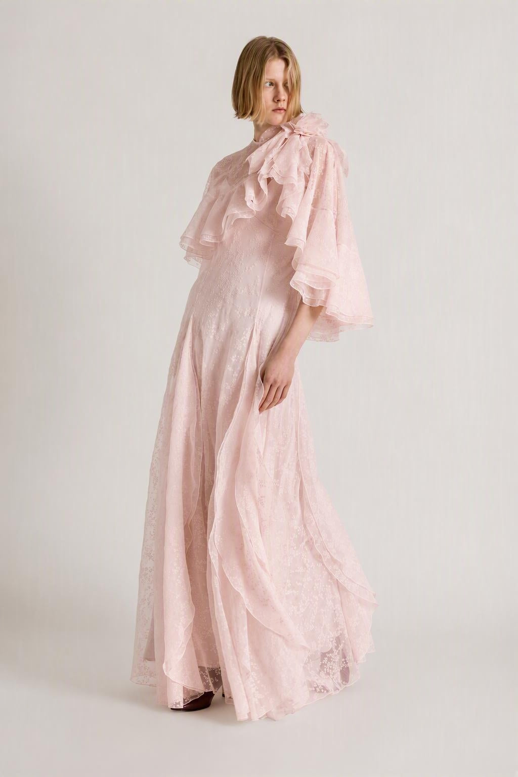 Floral organza silk chiffon long dress with removable cape Pink Alberta Ferretti Boutique Online 1