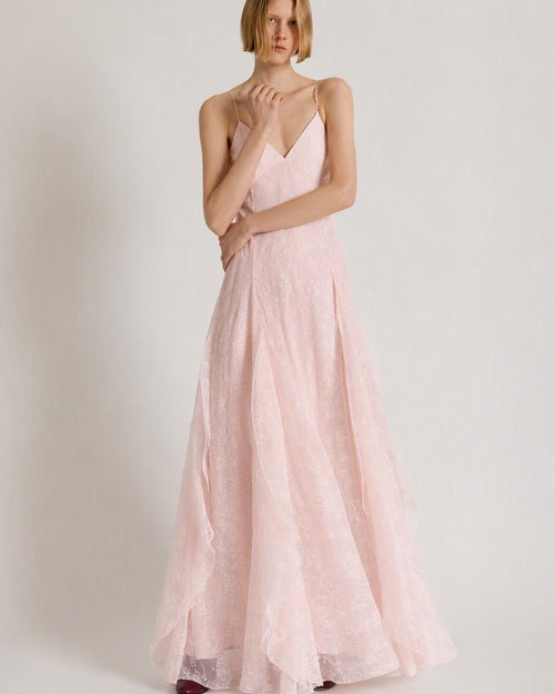 Floral organza silk chiffon long dress with removable cape Pink Alberta Ferretti Boutique Online 1
