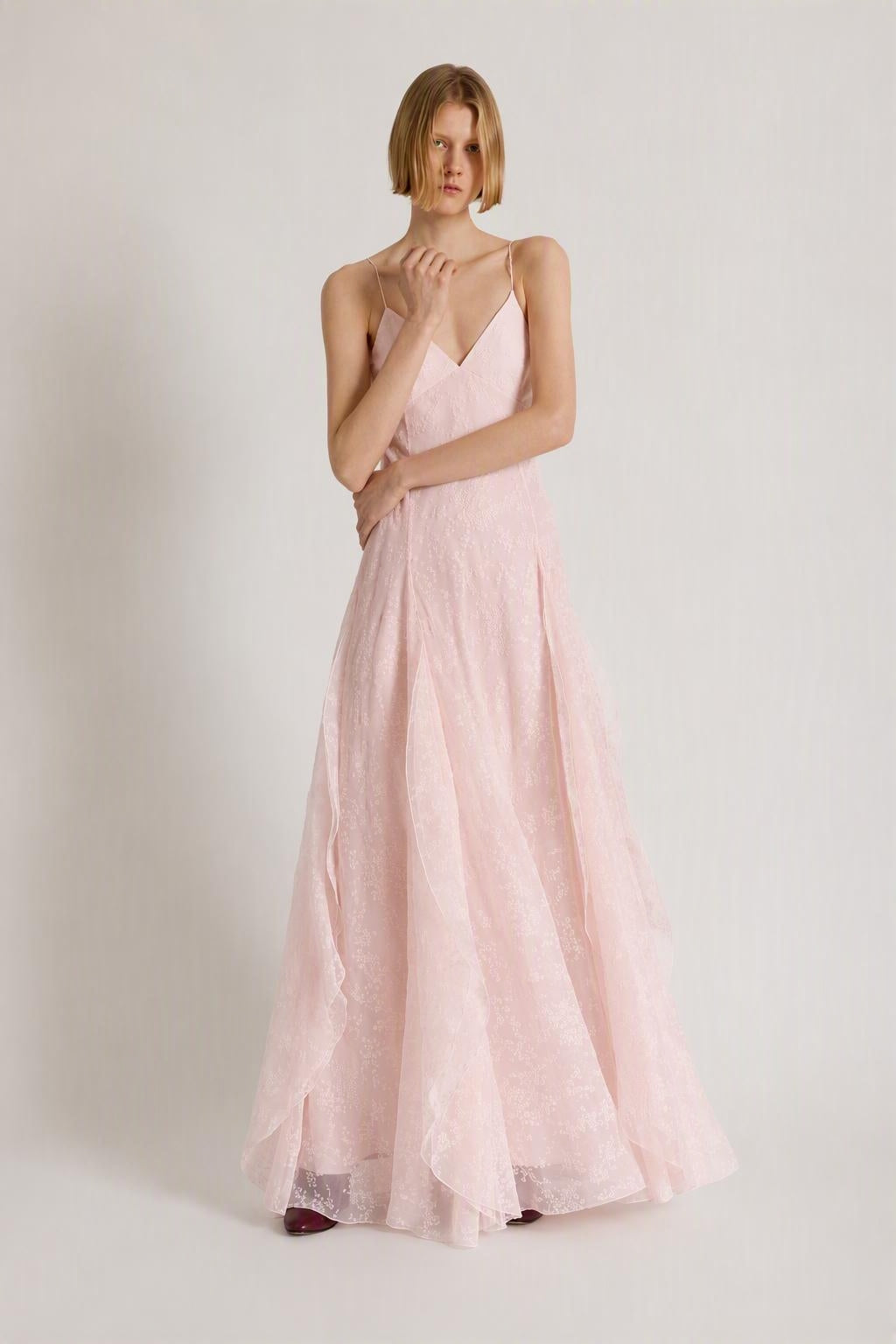 Floral organza silk chiffon long dress with removable cape Pink Alberta Ferretti Boutique Online 2