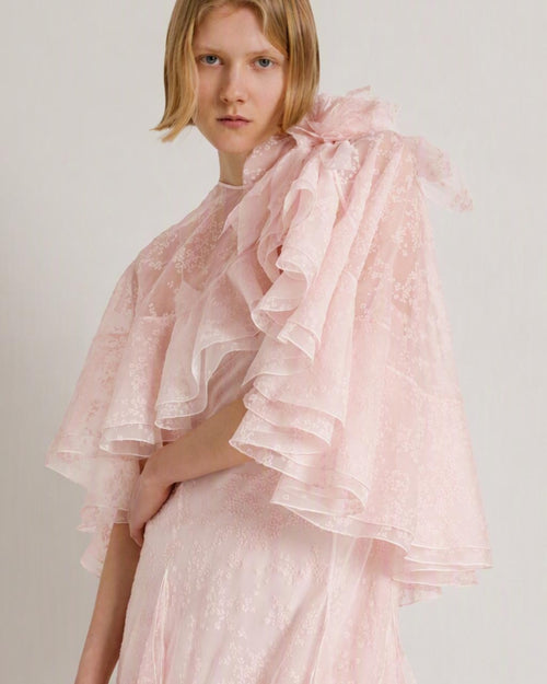 Floral organza silk chiffon long dress with removable cape
