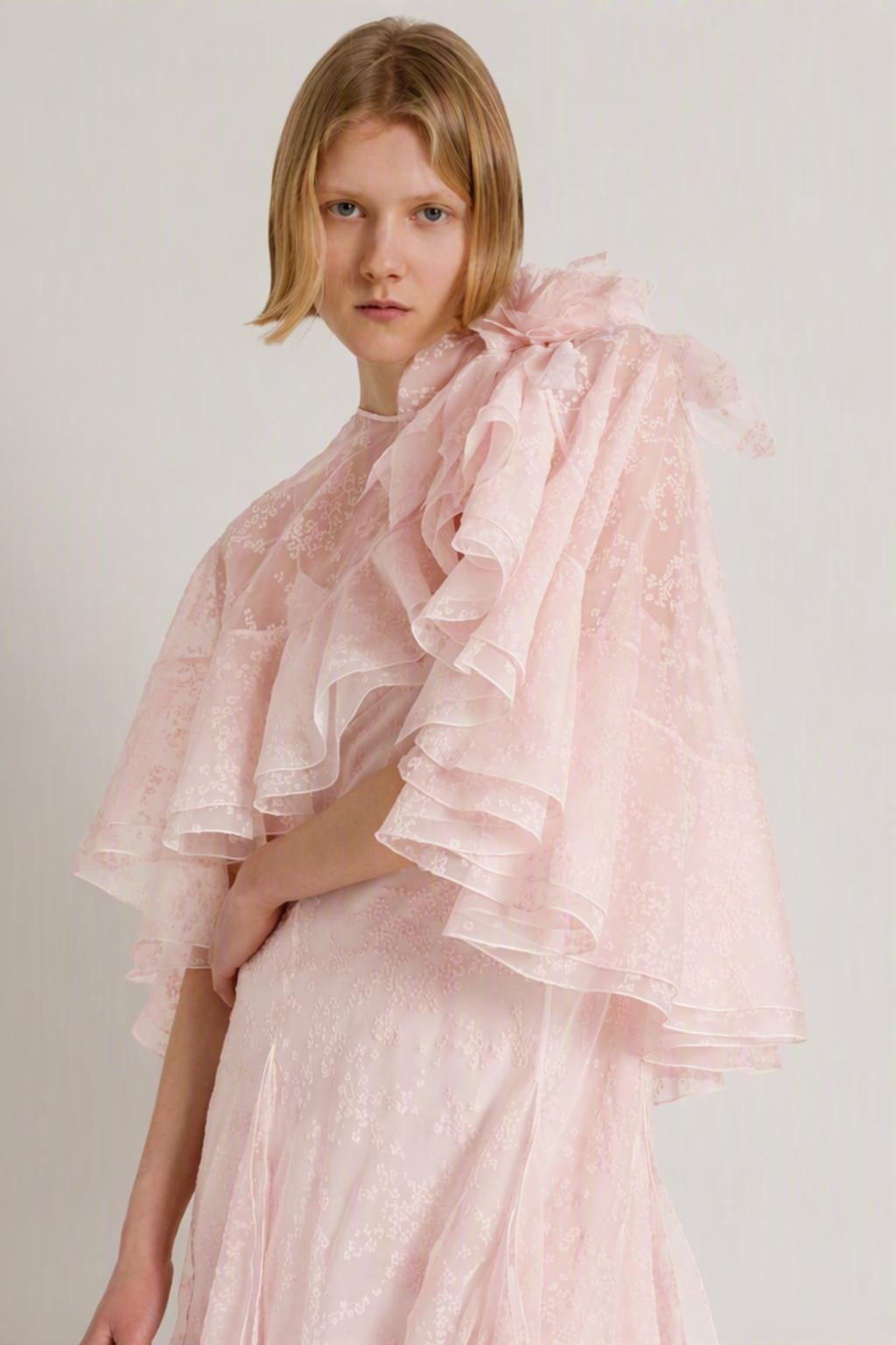 Floral organza silk chiffon long dress with removable cape Pink Alberta Ferretti Boutique Online 3