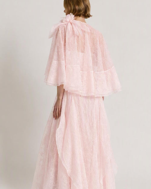Floral organza silk chiffon long dress with removable cape