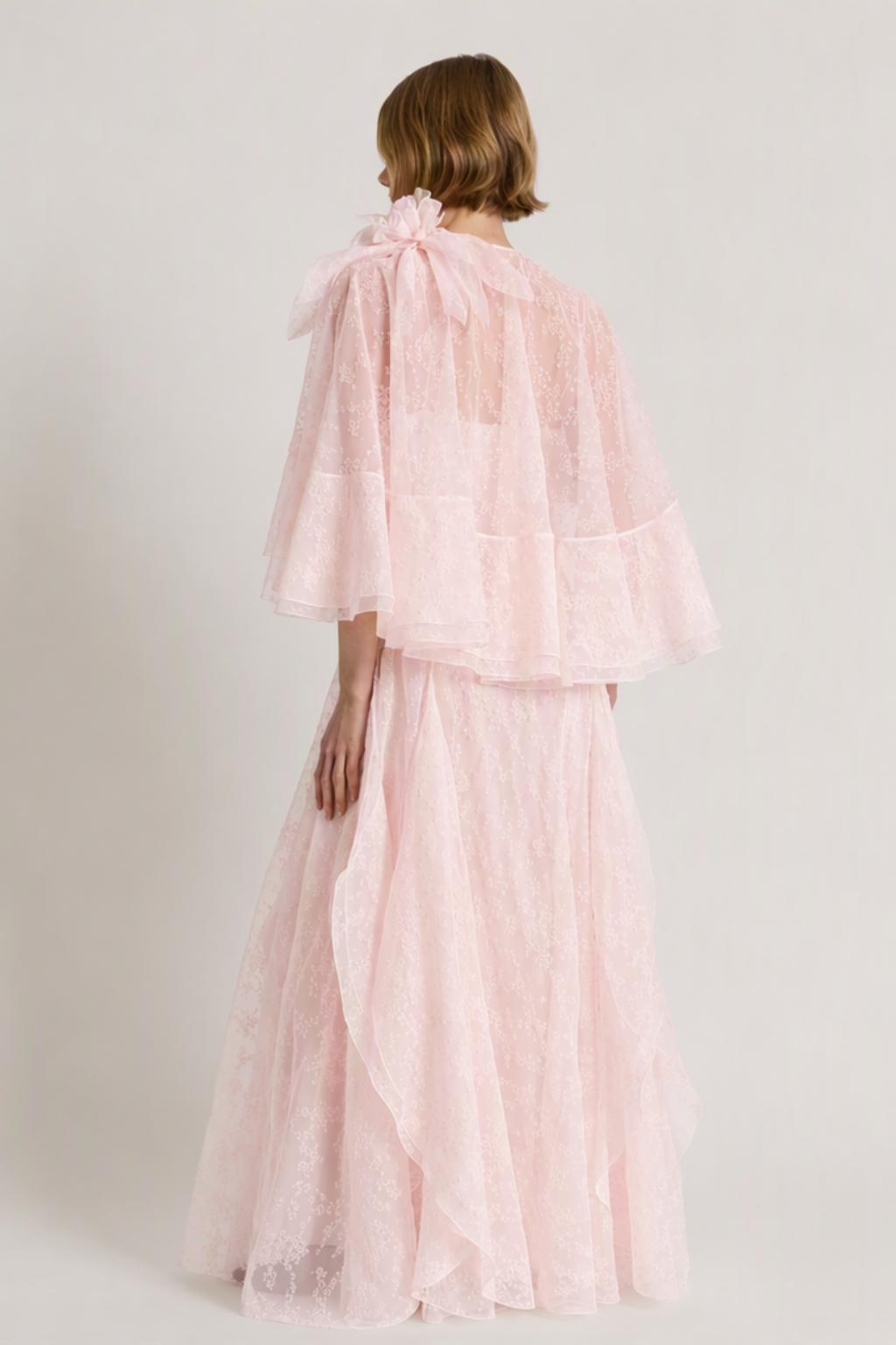 Floral organza silk chiffon long dress with removable cape Pink Alberta Ferretti Boutique Online 4