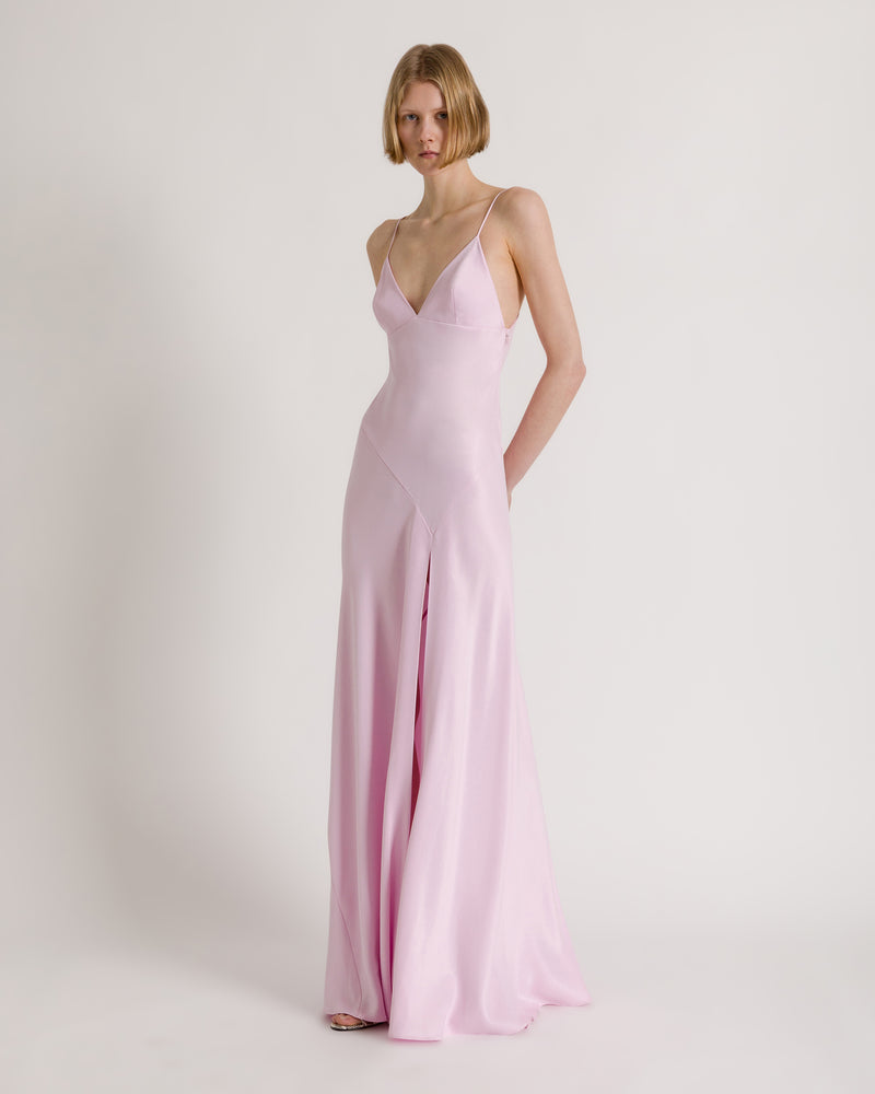Robe longue à fente et fines bretelles Rose Alberta Ferretti Boutique Online 1
