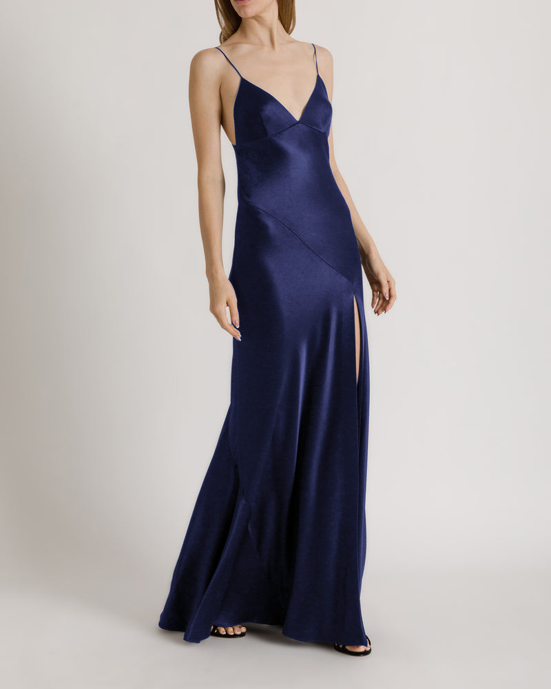 Robe longue à fente et fines bretelles Bleu Alberta Ferretti Boutique Online 1