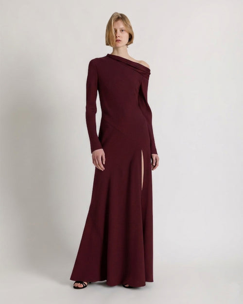 Long off-the-shoulder dress with slit Bordeaux Alberta Ferretti Boutique Online 1