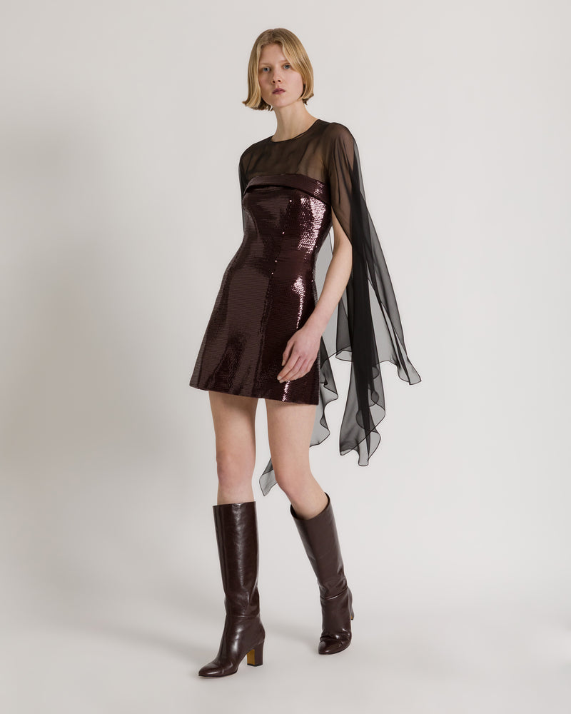 Robe courte à sequins avec cape Marron Alberta Ferretti Boutique Online 0