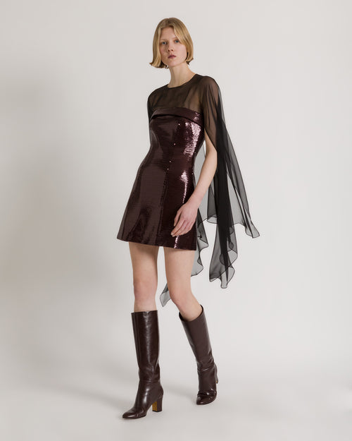 Sequined mini dress with cape Brown Alberta Ferretti Boutique Online 0