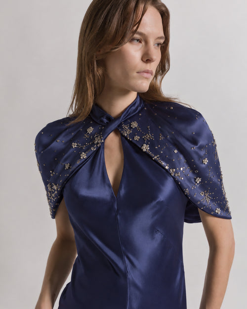 EnglishSatin Evening Gown with Cape Sleeves and Embroidery