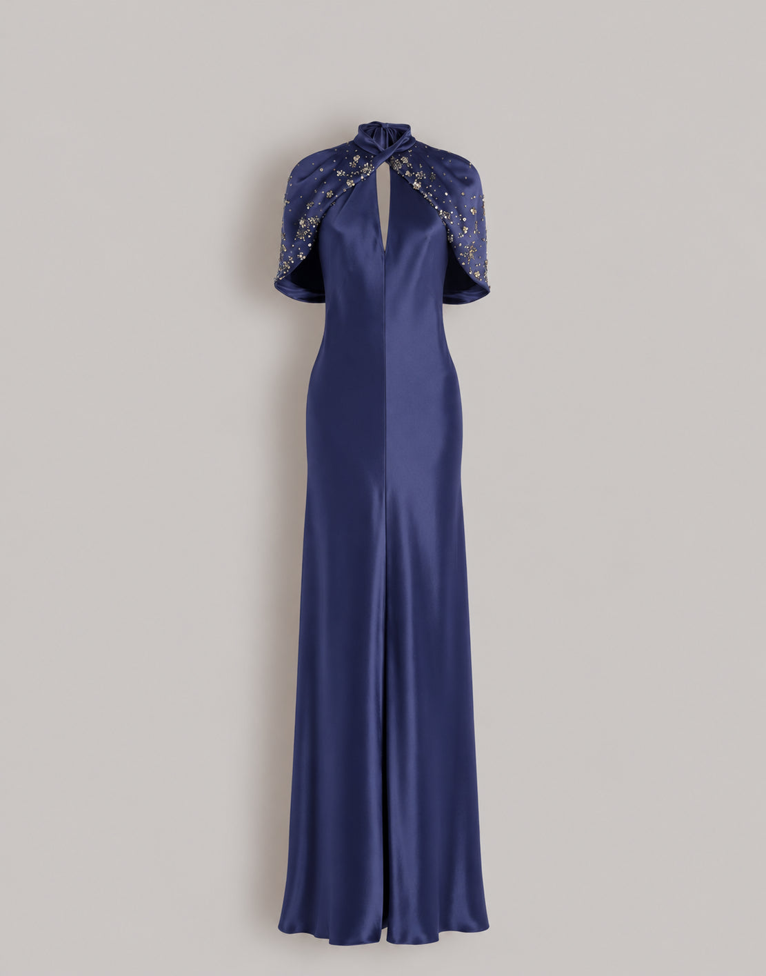 Abito da sera in raso con maniche a mantellina e ricami Blu Alberta Ferretti Boutique Online 1