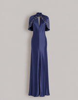 EnglishSatin Evening Gown with Cape Sleeves and Embroidery