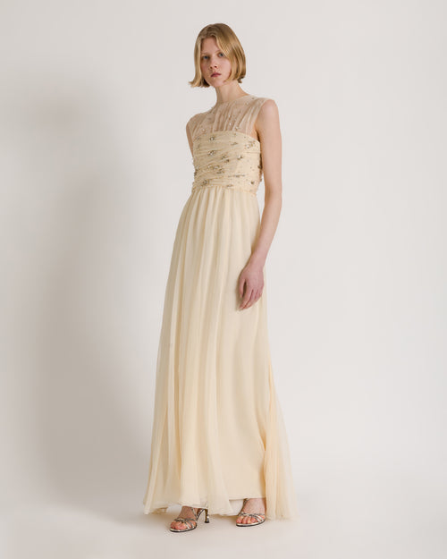 Long silk chiffon dress with starry embroidery Ivory Alberta Ferretti Boutique Online 1