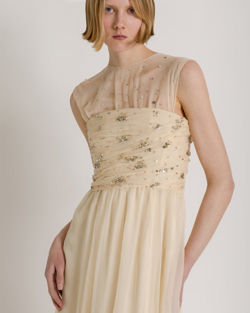 Long silk chiffon dress with starry embroidery