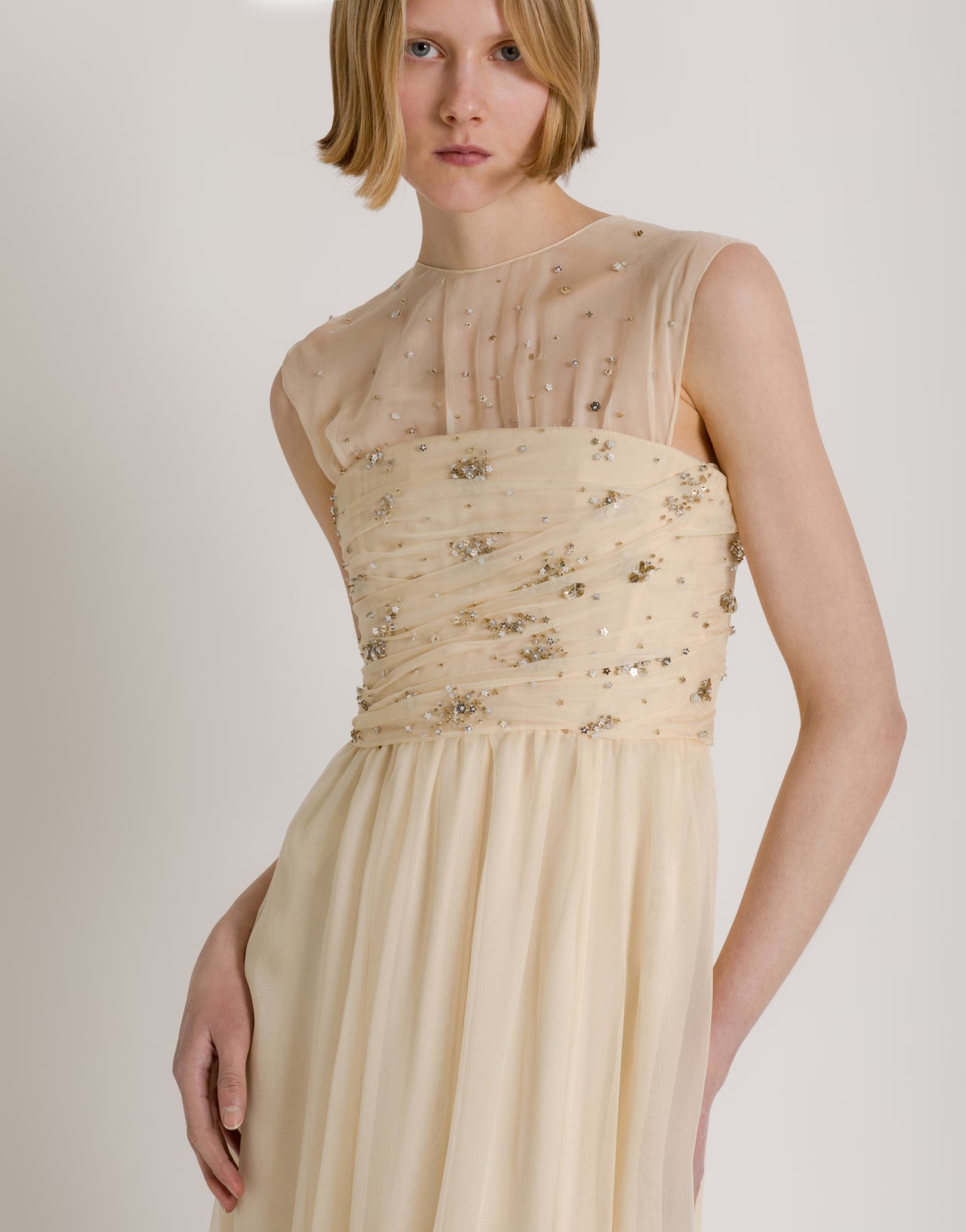 Long silk chiffon dress with starry embroidery