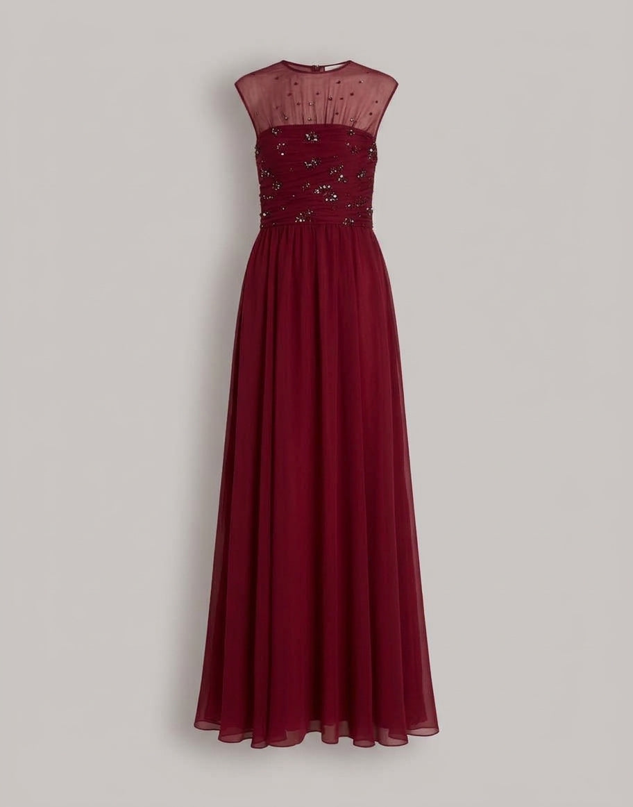 Abito lungo in chiffon di seta con ricami Rosso Alberta Ferretti Boutique Online 1