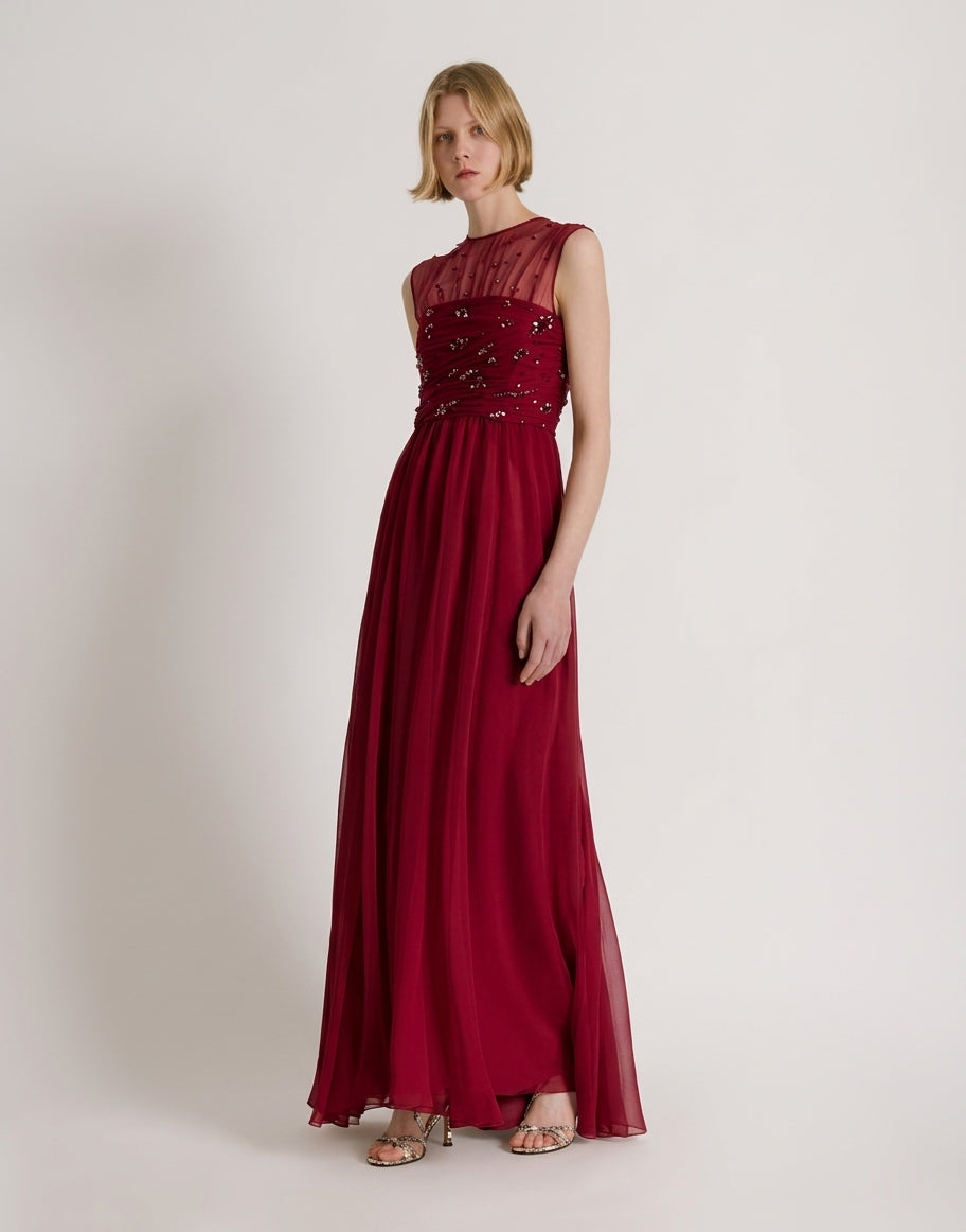 Abito lungo in chiffon di seta con ricami Rosso Alberta Ferretti Boutique Online 2