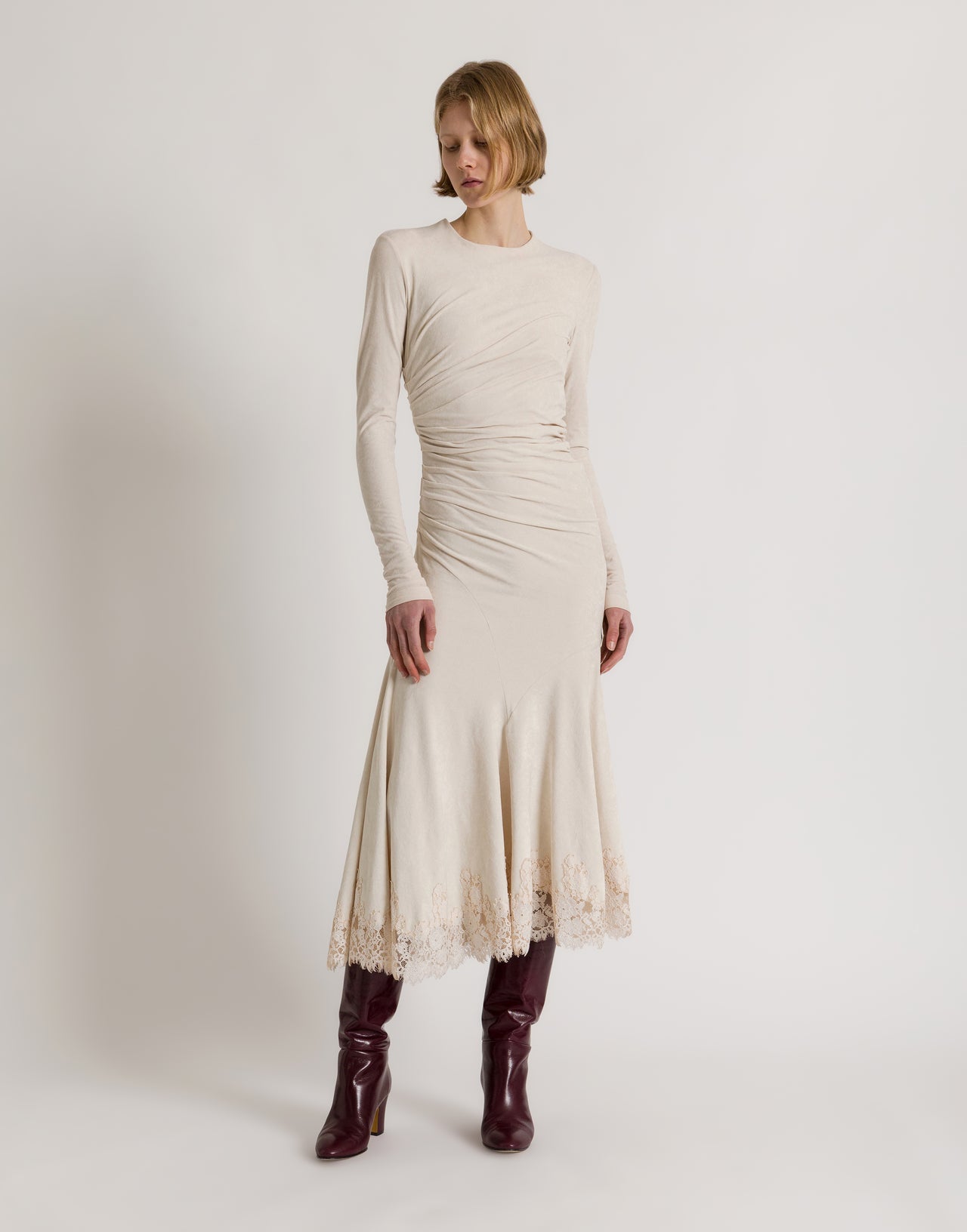 Gerafftes Midikleid mit Spitzenbesatz Weiß Alberta Ferretti Boutique Online 2
